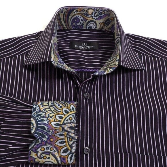 Bugatchi Mens Small 14-14.5 Long Sleeve Striped Shirts With Contrast Cuffs & Col - Picture 2 of 9